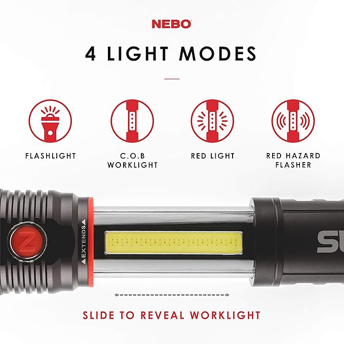 NEBO 300-Lumen LED Worklight Flashlight: Slyde+ Has a Strong Magnetic Base; Use as a Standard Flashlight or Slide to Open and Reveal the Best Work Light - Nebo 6525