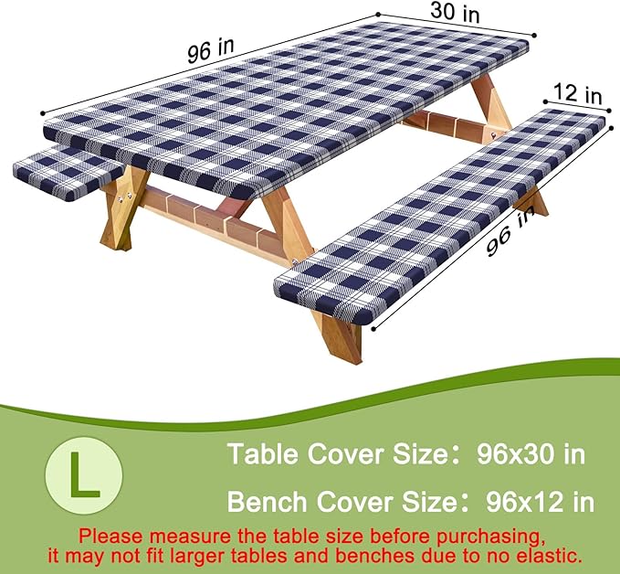 Picnic Table Cover with Bench Covers Portable Table Cloth Built-in Storage Pocket Fitted Tablecloth with Elastic Edges Waterproof Camping Essentials for Indoor Outdoor Rv,96in,Blue
