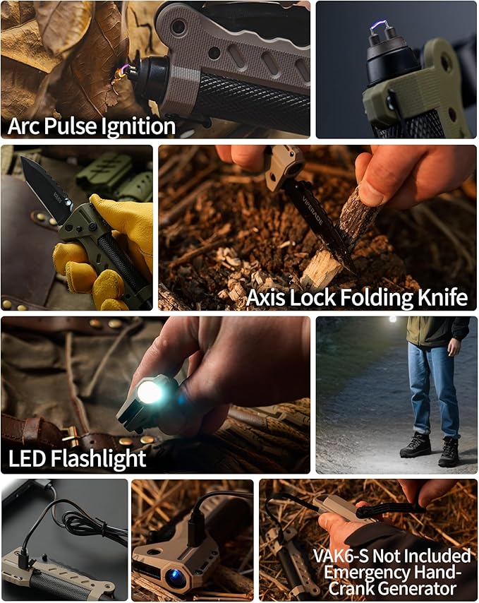 VIPERADE VAK6-S Survival Multitool with Folding Knife, LED Flashlight and Pulse Ignition, EDC Pocket Knife for men, Rechargeable Flashlight with Belt Sheath (Beige)