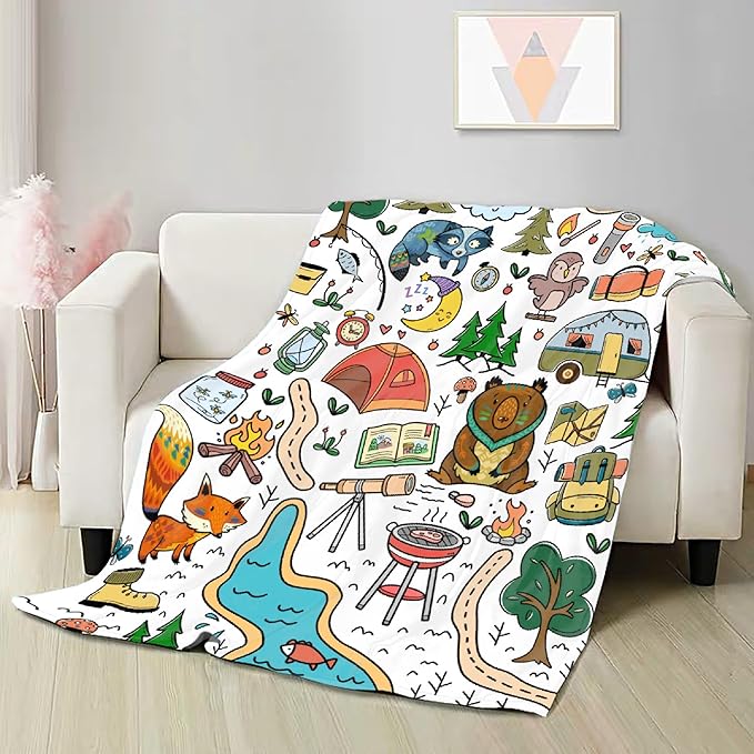 Camping Blanket Gifts for Men Women,Soft Camping Throw,Cute Plush Flannel Camping Quilts Decorations for Bedroom Sofa Bed Outdoor Travel 120 x 90in for Family
