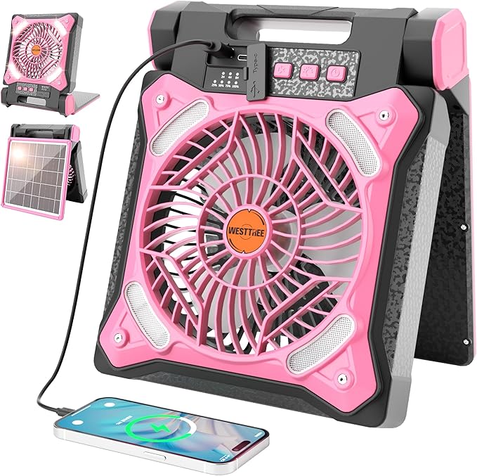WESTTREE Solar Fan Battery Powered Rechargeable Solar Camping Fan with Led Lantern & Power Bank Foldable Angle USB Personal Fans for Travel Outdoor Camping Tents X98 Pink