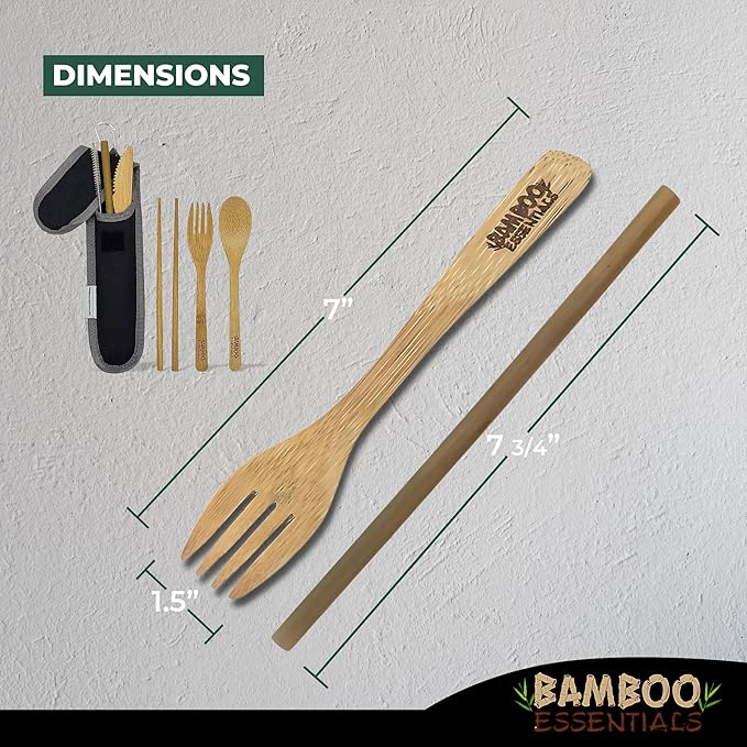 Travel Utensils with Case Set Fork, Knife, Spoon, Chopsticks, Straw, Straw-cleaning brush, Travel Pouch and Carabiner, Excellent For Everyday Use! ((1Set) Midnight Black)