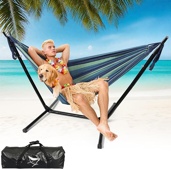 Hammock with Stand for Outside Indoor Heavy Duty Metal Hammock Holds 600lbs Portable Camping Hammock with Carrying Bag for Patio Beach Backyard