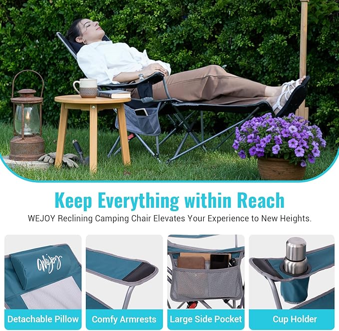 #WEJOY 2-in-1 Reclining Camping Chair with Footrest for Adults Folding Lounge Chair with Adjustable Backrest Lightweight Camping Chairs Heavy Duty Camp Chairs for Outdoor