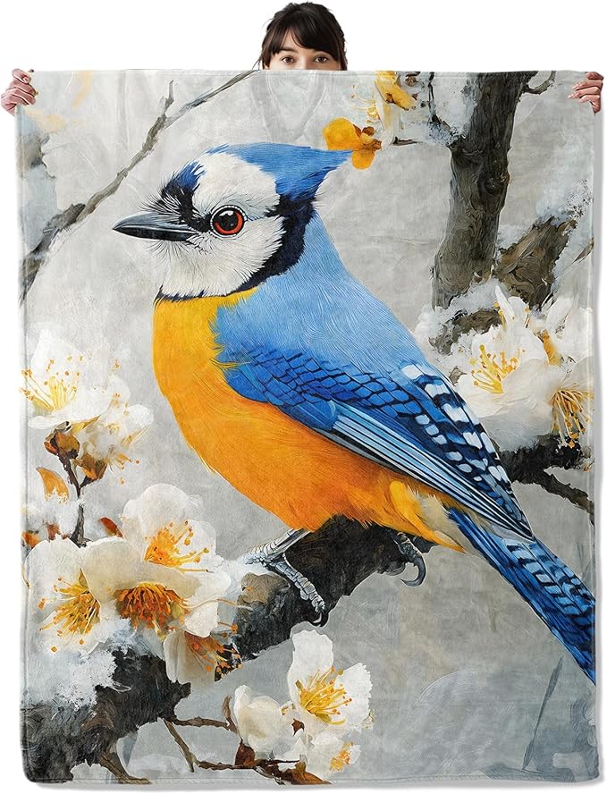 Cute Bird Blanket, Cozy Flannel Blue and Orange Birds Throw Blanket, Soft Fuzzy Blankets for Travel Home Decor, All Season Lightweight Couch Bed Cover, Gifts for Women Adults Kids 60"×80"