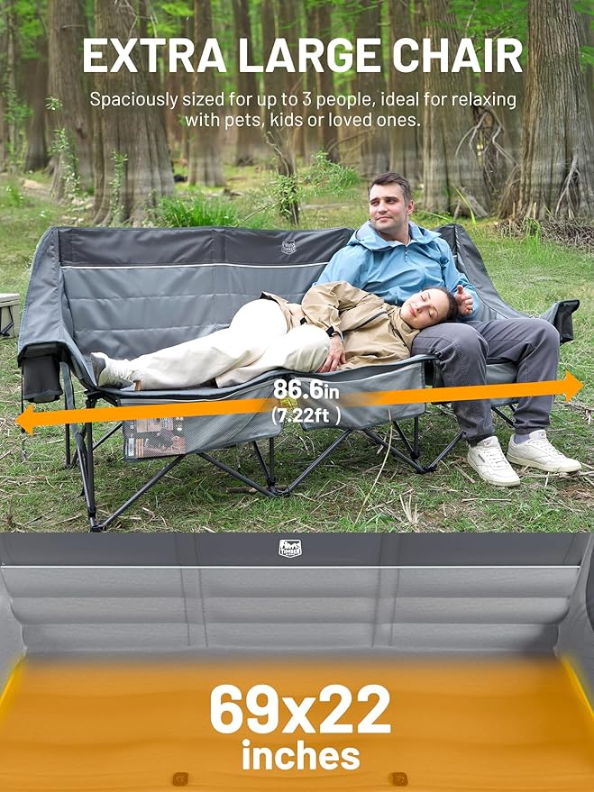 Timber Ridge 3 Person Camping Chair Supports to 1050lbs, Portable Camp Couch Padded Camping Chairs, Outdoor Oversized Folding Loveseat Perfect for Campsites, Patio/Lawn, Soccer Games, Grey