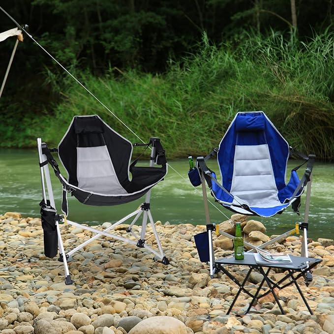 Romswi 2-Pack Aluminum Hammock Chair with Footrest, Oversized Portable Folding Swinging Chair with Adjustable Back & Seat, Lightweight Rocking Camp Chair Supports 440lbs for Outdoor, Patio - Black
