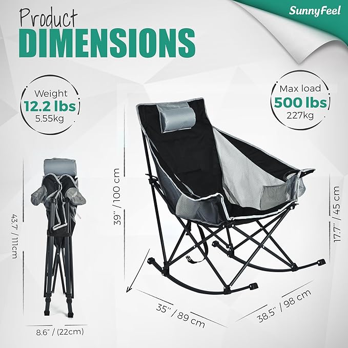 SUNNYFEEL Rocking Camping Chair 2 Pack, Outdoor Oversized Folding Lawn Chair with Pocket, Heavy Duty for Outdoor/Picnic/Lounge/Patio, Portable Camp Rocker Chairs with Carry Bag