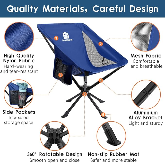 Raynesys Portable Camping Chair 1 Pack, 8 Seconds Quick Setup Folding Camping Chair, Flexible 360° Rotation, 3.8Lb Lightweight Travel Chairs for Easy Carry to Hiking, Sporting, Beach, Blue