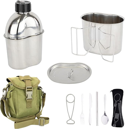 MASTIFF GEARS® 304 (18/8) Stainless Steel (FDA Compliant) US G.I Style Canteen Kit Cooking Set Camping Canteen Mess Kit with Cup, Lid, MOLLE Pouch for Camping
