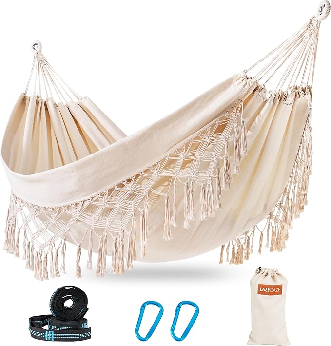 Lazy Daze Hammocks Double Brazilian Cotton Hammock, Extra Large Portable Outdoor Camping Hammock with Tree Straps & Travel Bag for Backyard Patio Poolside Indoor, 550lbs Capacity, Beige
