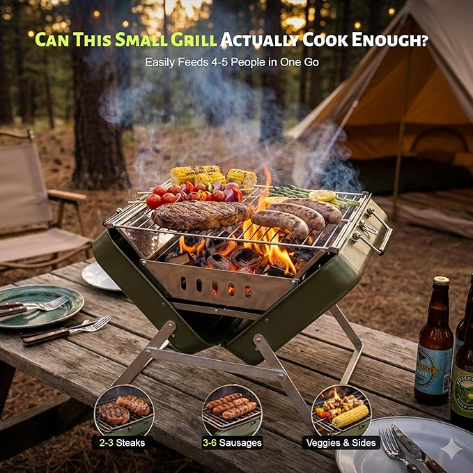 Ranger Plus Portable Charcoal Grill – Folding BBQ with Large Grilling Grate for Camping, Tailgating & Backyard | Serves 4–5, Full‑Grate Cooking Coverage, 304 Stainless Steel, 3‑Second Setup