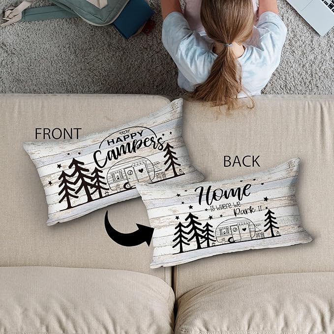 Happy Camper Home Is Where We Park It Reversible Throw Pillow Cover Case, Camping Lovers Gifts, Campers Gifts, RV Trailer Decor, 12 x 20 Inch Camper Linen Cushion Cover, Camping Room Bed Sofa Decor