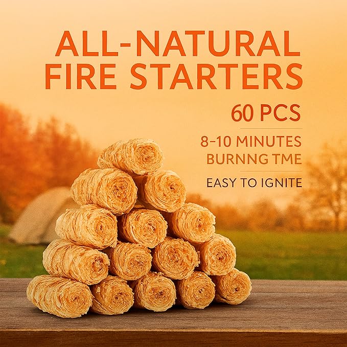 60 pcs Fire Starter – Natural Fire Starters for Campfires, BBQ, Fireplace. Pizza Oven - Weather-Resistant, Waterproof, Quick Ignite, Charcoal Odorless Starter for Grill
