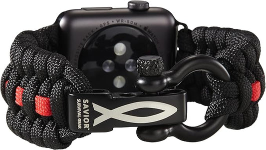 Savior Survival Gear Paracord Watch Band - Compatible with Apple Watch Band 49mm 46mm 45mm 44mm 42mm, iWatch Band Series Ultra 10 9 8 7 6 5 4 3 2 1 SE, Adjustable strap for men ( Black - Red, X-Large)