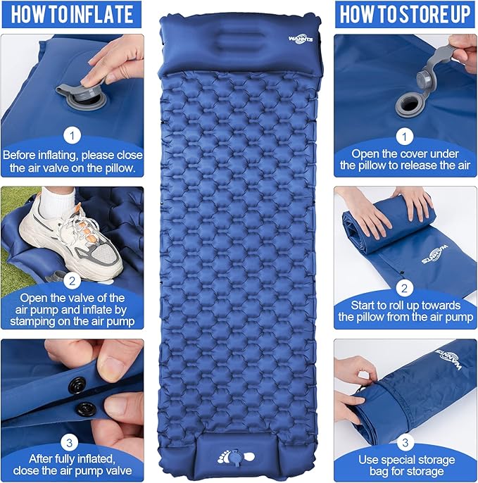 WANNTS Sleeping Pad, Ultralight Inflatable Sleeping Pad for Camping, Built-in Pump, Ultimate for Hiking - Airpad, Carry Bag, Repair Kit - Compact & Lightweight Camping pad