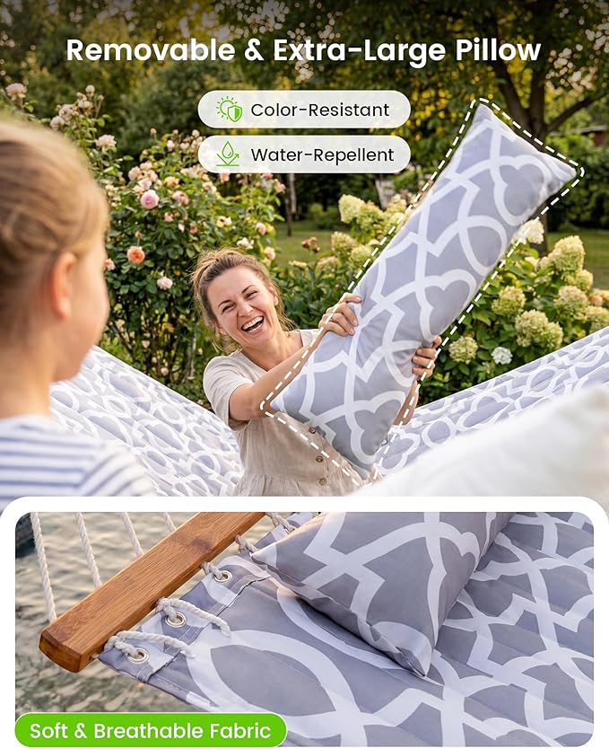 ANAGOO Double Quilted Outdoor Hammock for 2 Adults, 500lb Capacity Backyard & Camping Hammock with Pillow and Bamboo Spreader Bar, Fits 11–15ft Hammock Stands (Stand Not Included),White Gray