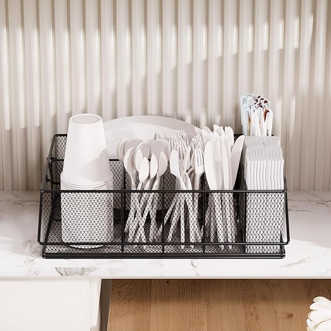 Paper Plate Organizer for Countertop, Metal Silverware Caddy with 6 Compartments for Cup, Napkin, Utensil Holder Caddy for Party, Camping, Picnic