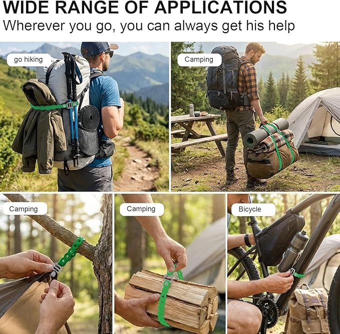 Modular Straps, Safety Strap Set to Secure Splits, 70 Pound Load, 8" and 16" Lengths, Flexible Multi-Tool, Wearable Gadget for Outdoor Adventure, Survival, Camping, Travel (4-Pack) (Green)