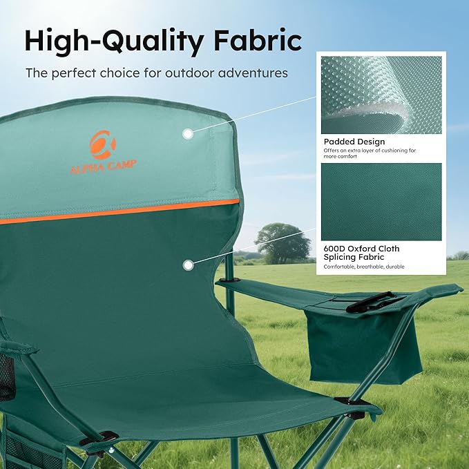 ALPHA CAMP Camping Chairs 350LBS Capacity, Heavy Duty Folding Chair with 4-Can Cooler Bag, Portable Outdoor Chair with Cup Holder for Adults, Collapsible for Tailgating, Beach, Fishing,Black,2PC