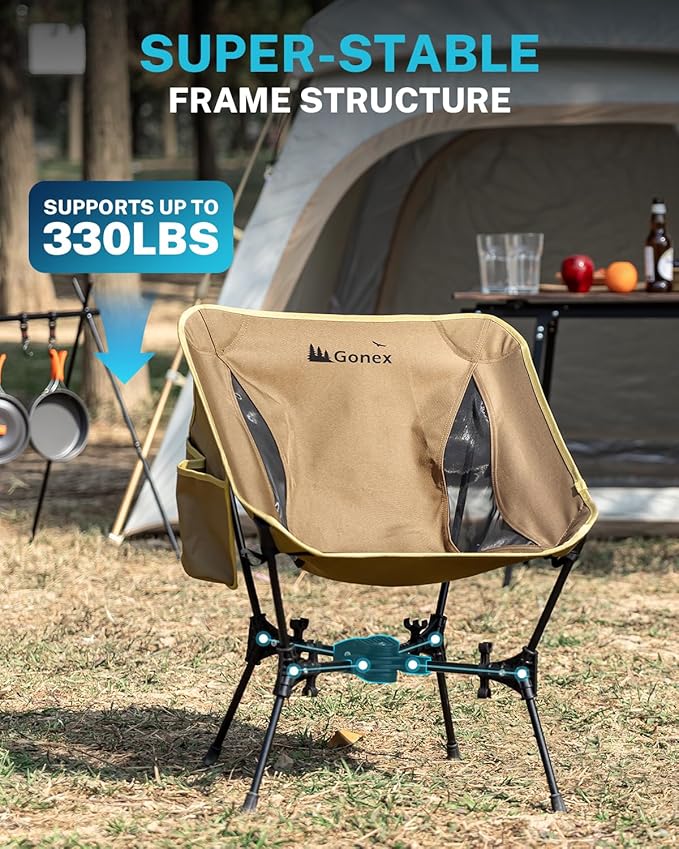 Gonex Portable Camping Chair, The 5th Gen Ultralight Compact Backpacking Foldable Lightweight Folding Chair for Outdoor Camp Hiking Beach Picnic Concert, Supports 330lbs (Khaki, 2 PCS)