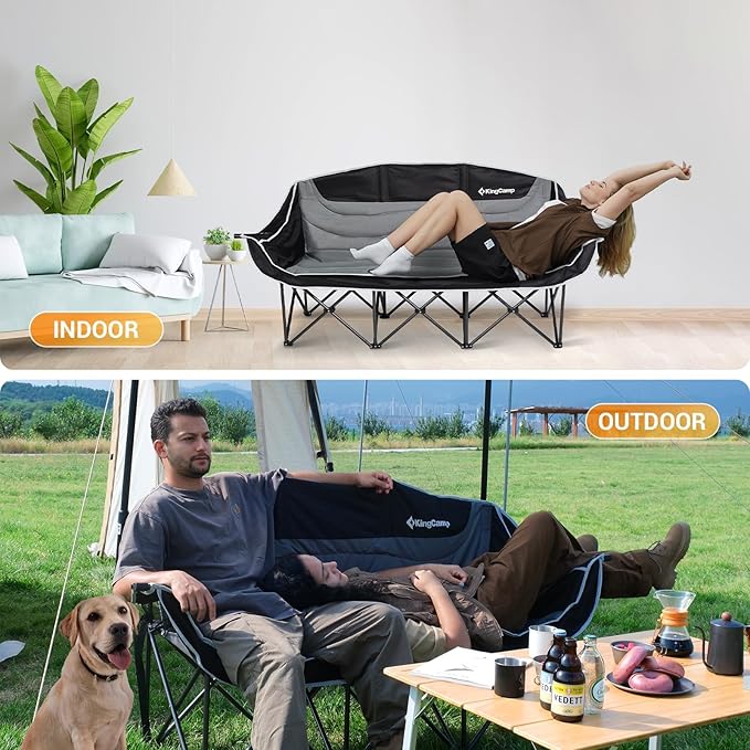 KingCamp 3 Person Camping Chair, Oversized 1100lbs Heavy Duty Loveseat for Adults Portable Folding XL 2 Person Couch Padded Comfortable Three Seat with Cup Holder for Outdoor Lawn Backyard, Green/Grey