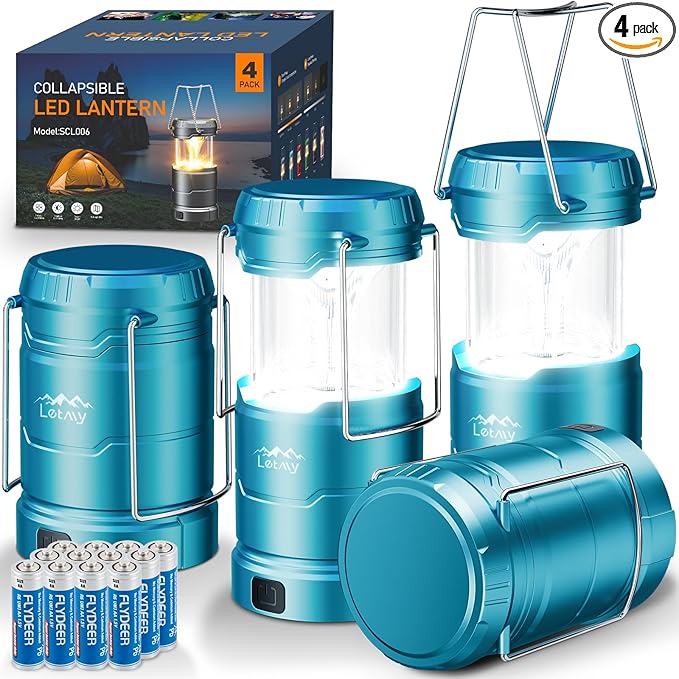 LETMY LED Camping Lantern for Power Outages, 3 Color Modes & Dimmable Battery Powered Lantern, IP65 Waterproof & Collapsible, Lanterns Flashlight Survival Kits for Emergency Hurricane Hiking, 4 Pack
