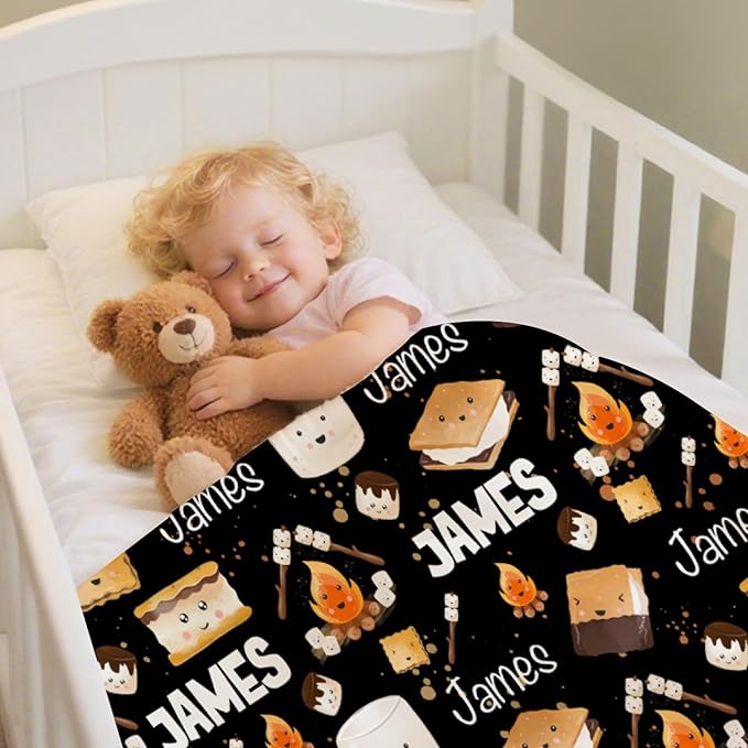 Custom S'Mores Blanket with Name | Personalized Marshmallow Blanket for Girls Boys | Ultra Soft Customized Cookie Throw for Couch/Sofa/Travel/Camping Home Decor - 50"x60"-Teens/Travel Size