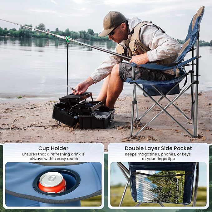 Oversized Camping Chair Heavy Duty- Portable Folding Chair, Cup Holder & Waterproof Phone Case for Adults, Beach, Hiking, Backyard (Blue & Brown, 2 PCS-21)