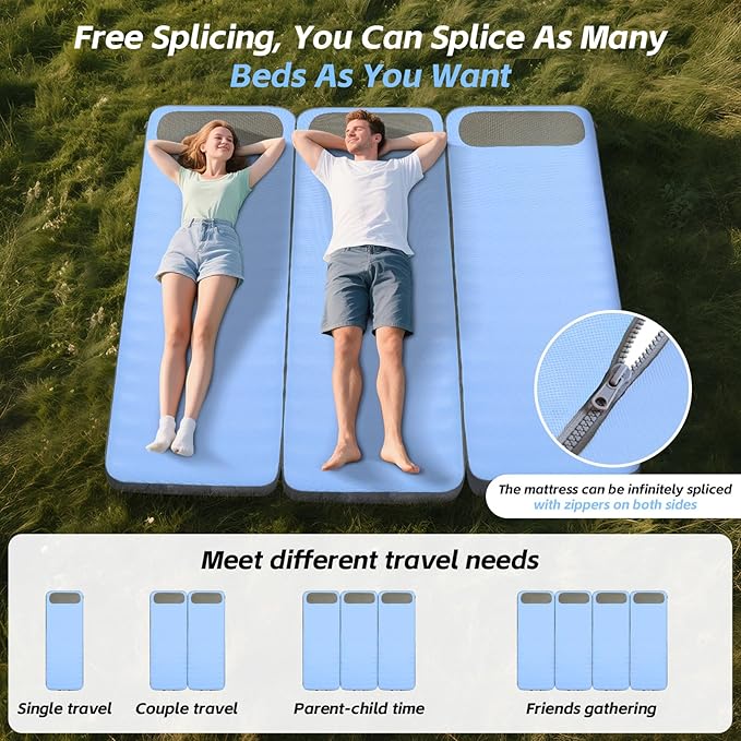 Sleeping Pad, 5.5" Thick Self Inflating Sleeping Pad with Electric Pump,4 Season Camping Mattress Pad with Built-in Pillow, Camping Essentials Gear for Hiking, Backpacking,Tent Use,Camping(Blue)