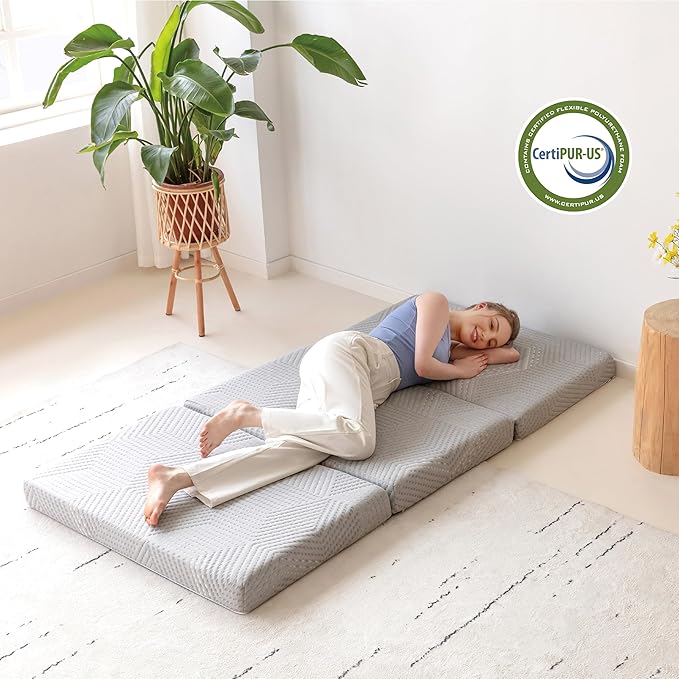 MLILY Tri-Fold Memory Foam Mattress Topper, 4 inch Full Folding Mattress with Collapsible and Washable Cover, Travel and Guest Mat, 75"×54"×4", Grey