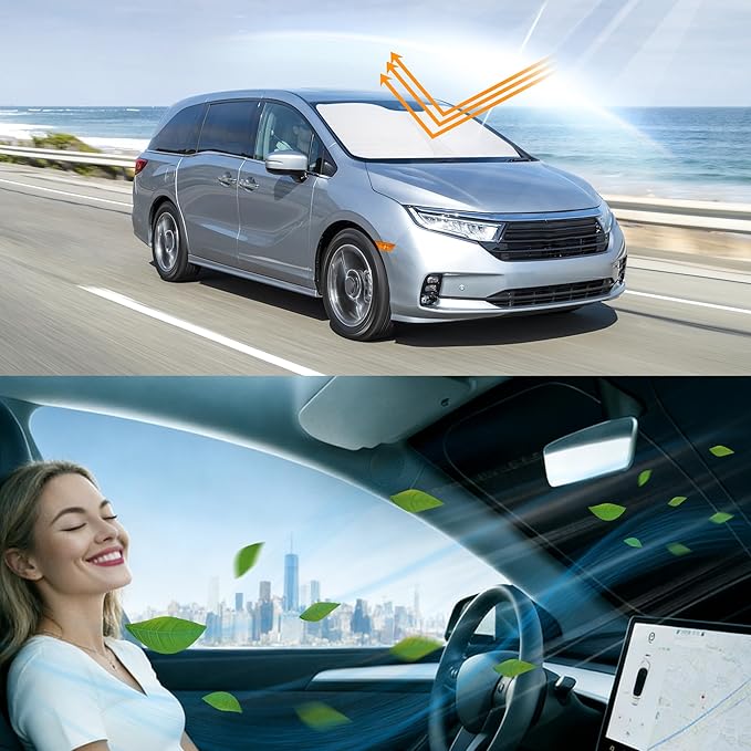 Windshield Sun Shade Custome Fit 2018-2024 2025 2026 Honda Odyssey Accessories LX,EX,EX-L,Touring,Elite Minivan Foldable Window Sunshade Protector Blocks Sun Rays & Heat