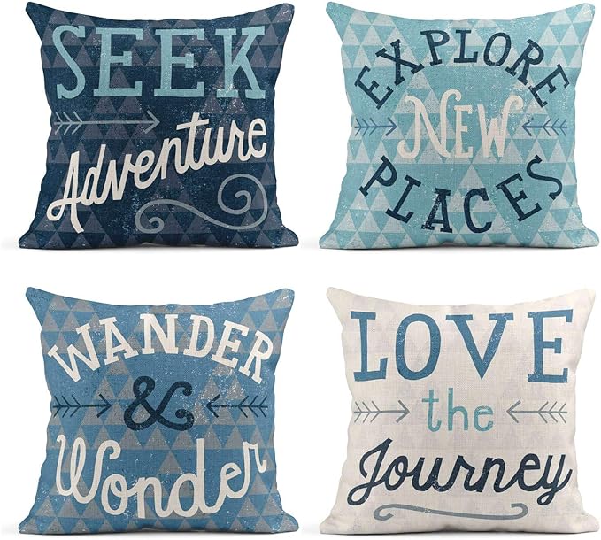 Set of 4 Linen Throw Pillow Cover Seek Adventure Explore New Places Wander Wonder Love Journey Decorative Pillow Cases Covers Home Decor Square 18 x 18 Inches Pillowcases