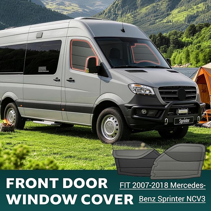 Front Door Window Covers(Pair) for Mercedes-Benz Sprinter 2007-2018 NCV3, Magnetic Insulated Blackout Sunshade, XPE Foam Core, with Bug Screen, AllSeasonGuard