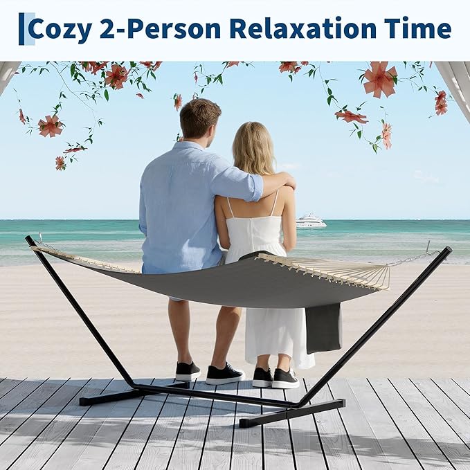 Hammocks 12 FT Double Quilted Fabric Hammock with Spreader Bar and Detachable Pillow, 2 Person Hammock for Outdoor Patio Backyard Poolside, 450lbs Weight Capacity