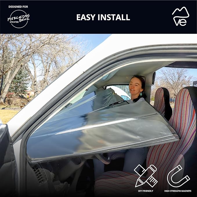 VanEssential Insulated Reflective Blackout Window Cover Designed for Mercedes-Benz NCV3 & VS30 (Van Years 2007 to Current), Front Windshield, Black Reflective