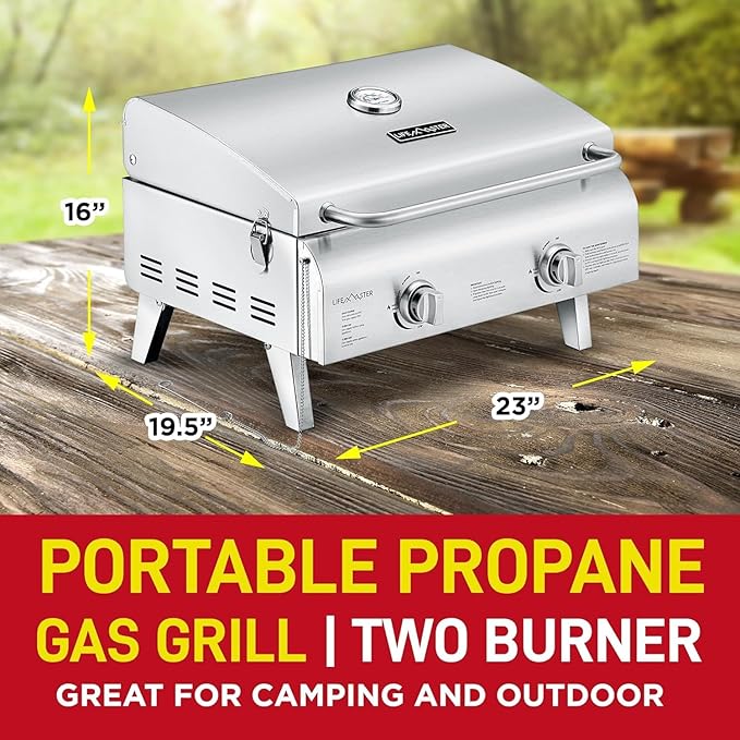 Lifemaster Portable Stainless Steel Gas Grill - 2 Burners Easy Clean Tabletop BBQ Propane Gas Grill with Foldable Legs and Wind Proof Lid for Camping and Outdoor - Silver