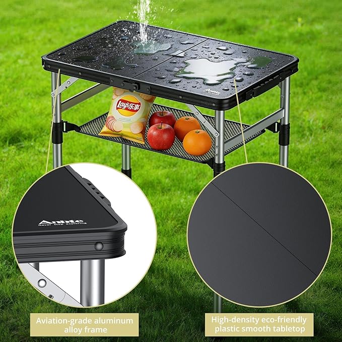 Anbte 2ft Small Plastic Folding Camping Table, Waterproof 3 Adjustable Height Portable Camping Table with Storage Net, Flat Tabletop, for Picnic Indoor Outdoor Travel Beach Patio, 22.8" X 15.7", Black