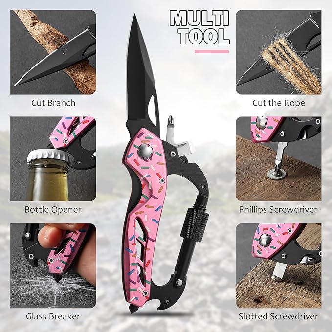 Donut Multitool Carabiner Knife Gifts for Women Men,Survival Gear for Camping Hiking，EDC Carabiners, 6-in-1 Multi Tools with Window Breaker, Bottle Opener and Screwdriver,Gifts for Women Men （Donut）