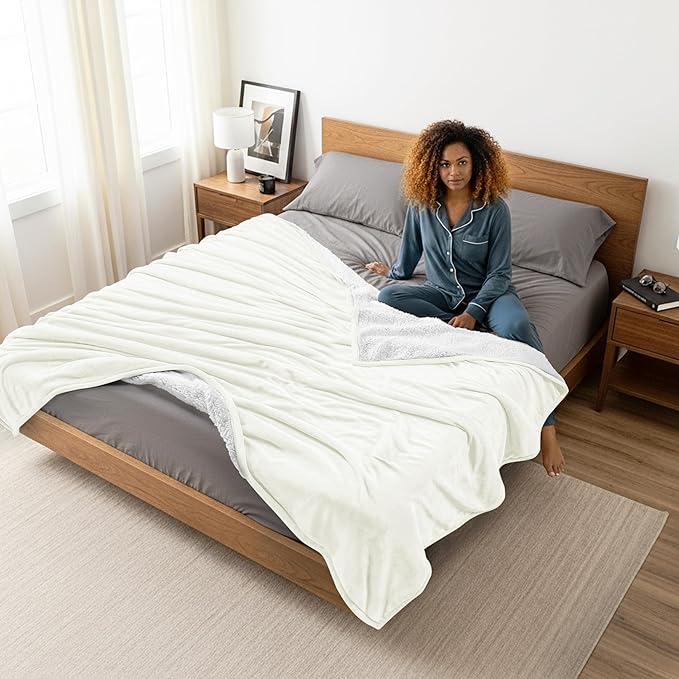 Utopia Bedding Sherpa Blanket Queen Size (Ivory, 90x90 Inches) - Soft Lightweight Plush Fleece Reversible Blanket for Bed, Sofa, Couch, Camping and Travel