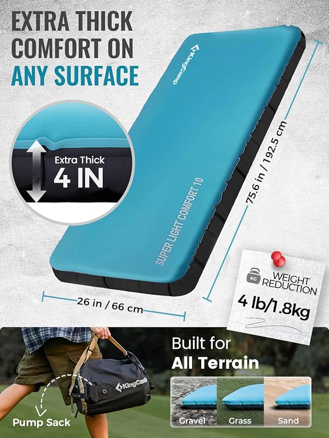 KingCamp Foam Camping Pad, 4" Thick Inflatable Single Sleeping Pad with Pump Sack, Silent Elastic Fabric Sleep Mat for Backpacking, Tent & Car Camping