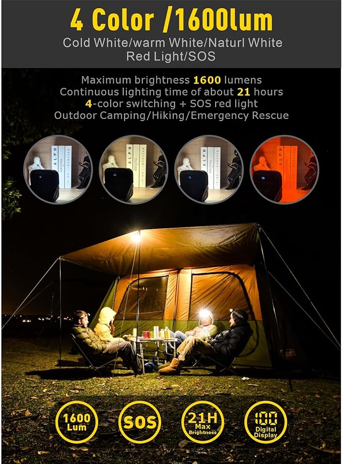 30000mAh LED Camping Lantern,Rechargeable Tent Light, QC3.0/22.5W, 1600LM, 4-Color Switch, IPX5 Waterproof Outdoor Light for Power Failure,Emergency,Camping,Hiking (Black-Pro