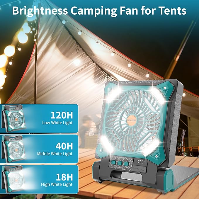 WESTTREE Solar Fan Battery Powered Rechargeable Solar Camping Fan with Led Lantern & Power Bank Foldable Angle USB Personal Fans for Travel Outdoor Camping Tents X98 Cyan