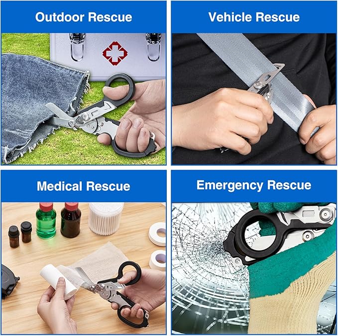 Heavy Duty 6 in 1 Multifunctional Trauma Shears Foldable | Stainless Steel emergency response scissors | Survival Shears with Holster | Medical Trauma shears Tactical With Strap Cutter | Black