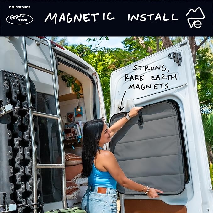 VanEssential Insulated Stealth Blackout Rear Door Window Covers Designed for Ford Transit Van High and Medium Roof Year 2015 to Current with NO Plastic Trim (Pair) - Charcoal Gray