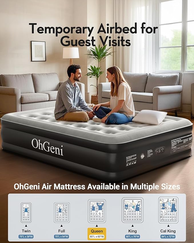 OhGeni Queen Air Mattress with Built in Pump, Ideal Alternative to a Bed, Inflatable Blow Up Mattress 18 Raised Comfort, Upgraded Surface Portable Bed for Home, Camping, Colchone Inflable, 650 lbs