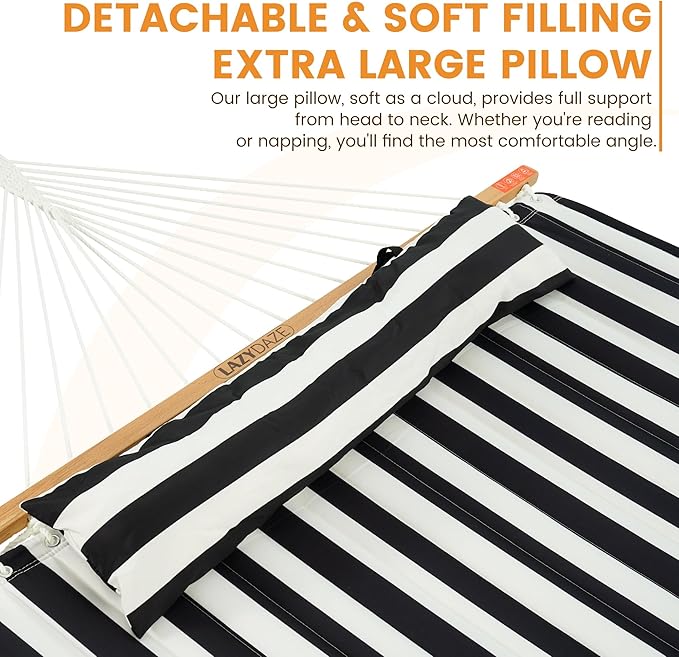 Lazy Daze Hammocks 2 Person Double Quilted Fabric Hammock with Spreader Bar, Detachable Pillow, Side Pocket, Carabiners, Chains, Straps for Outdoor, 450lbs Capacity, Black White Stripes