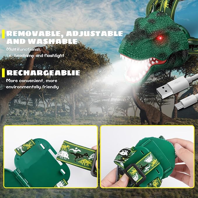 Dysaim Kids Headlamp,Rechargeable T-Rex Dinosaur Headlamp for Kids and LED Head Lamp Camping Gear Flashlight,Hiking Accessories Headlight Toys,Four Light Modes Suitable for Reading/Party Gift