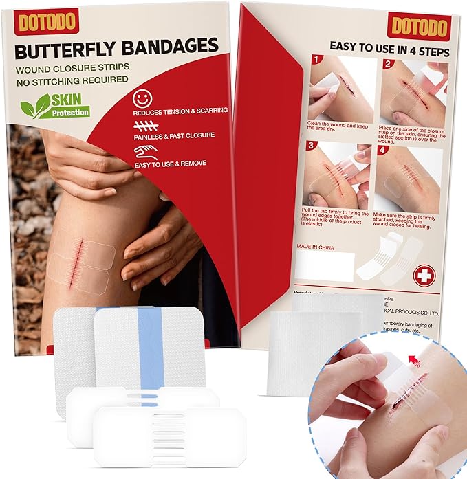 Emergency Wound Closure Strips - Dotodo 2PCS Laceration Closure Kit - Sutures Butterfly Bandaids | Stretchable & Shrinks Back to Close The Cut（Patented Product）