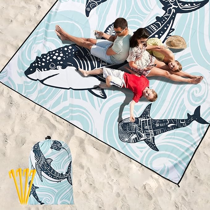 HIHOHO Beach Blanket Waterproof Sandproof Beach Mat 79”x 83” for 1-8 Adults Quick Drying Durable Outdoor Picnic Mat for Beach Festival Travel Camping Hiking (Shark, 79"×83"(4 Person))